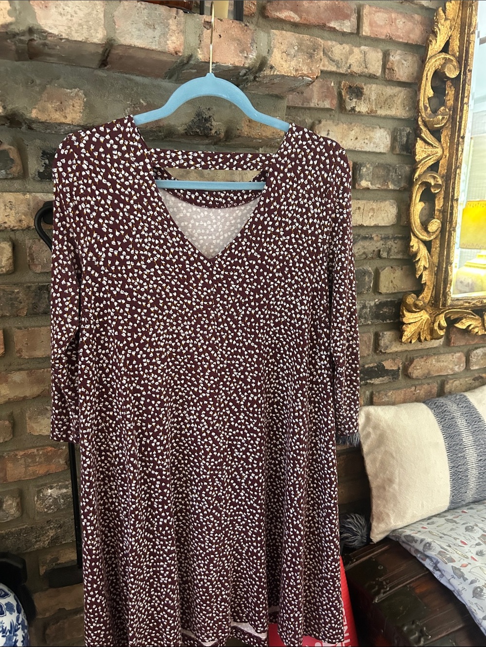 LOFT Burgundy V-Neck Printed Long Sleeve Swing Dress